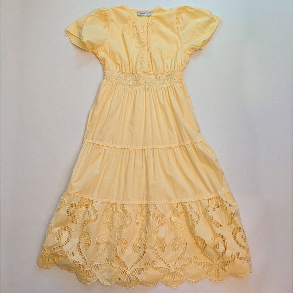 Haute Hippie Eyelet Lace Tiered Midi Dress Sz L Cottage Prairie Peasant Whimsy